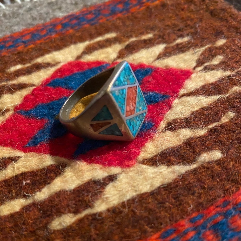 Silver w/ crushed turquoise and coral inlay ring